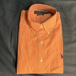 Unworn, Mens Medium Ralph Lauren custom fit shirt. Orange and white. Blue logo.